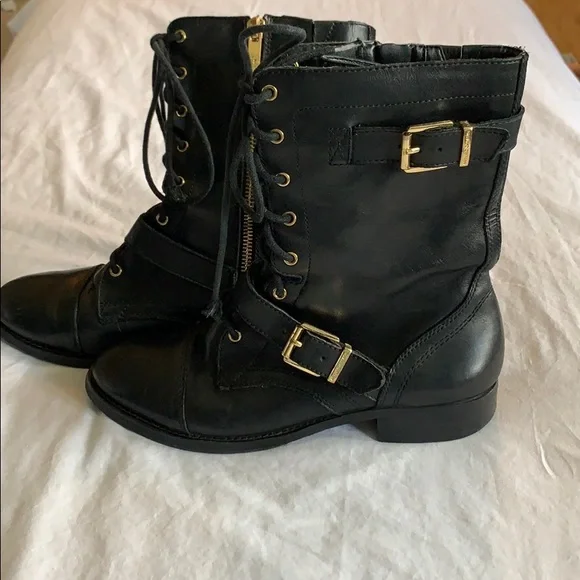 Black with Gold Buckle Arturo Chiang Combat Boots - Picture 3 of 8